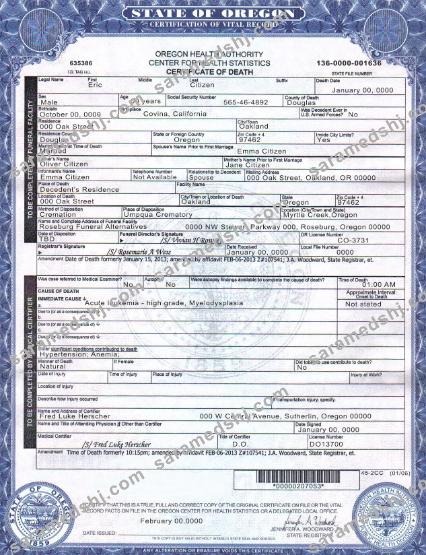 USA Oregon death cert
